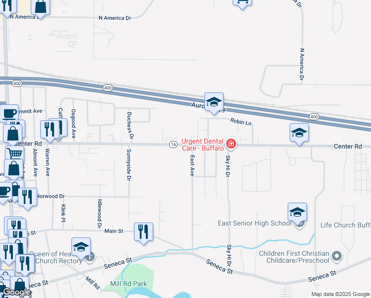 map of restaurants, bars, coffee shops, grocery stores, and more near 1161 Center Road in Buffalo