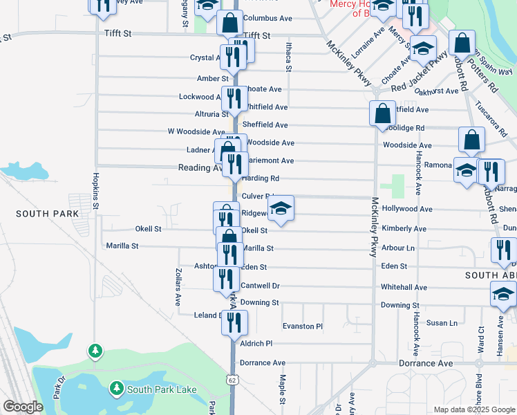 map of restaurants, bars, coffee shops, grocery stores, and more near 45 Ridgewood Road in Buffalo