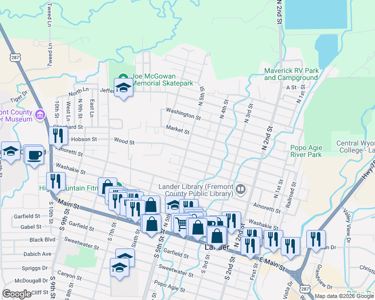 map of restaurants, bars, coffee shops, grocery stores, and more near 600 North 5th Street in Lander