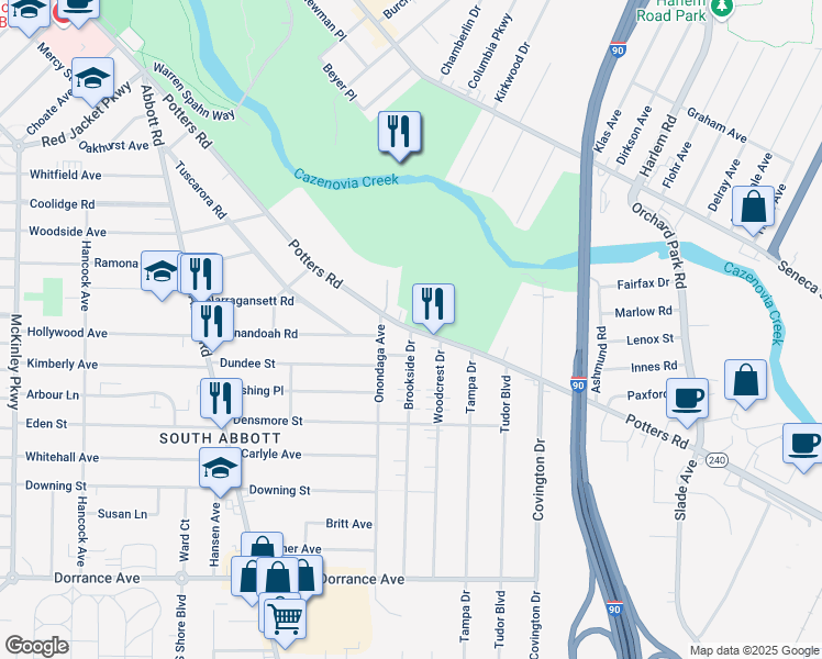 map of restaurants, bars, coffee shops, grocery stores, and more near Potters Road & Brookside Drive in Buffalo
