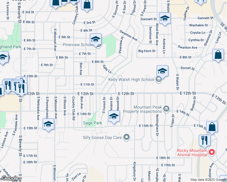 map of restaurants, bars, coffee shops, grocery stores, and more near 3150 East 12th Street in Casper