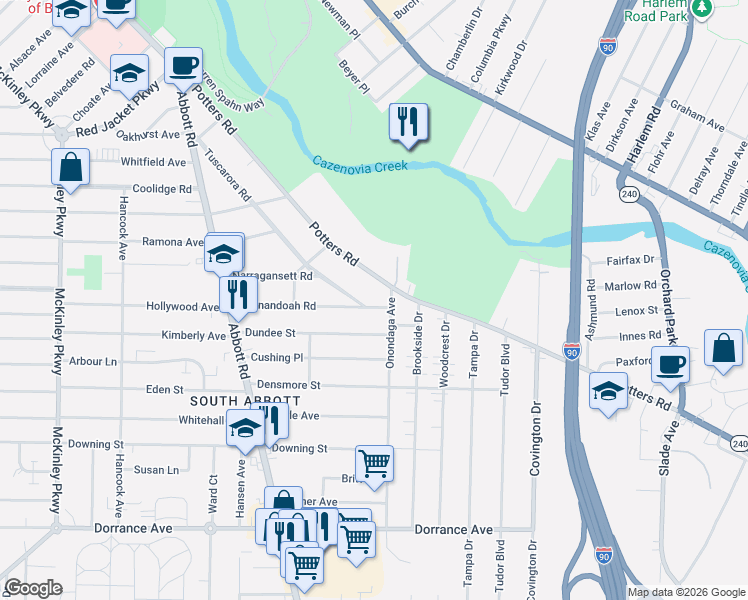 map of restaurants, bars, coffee shops, grocery stores, and more near 185 Shenandoah Road in Buffalo