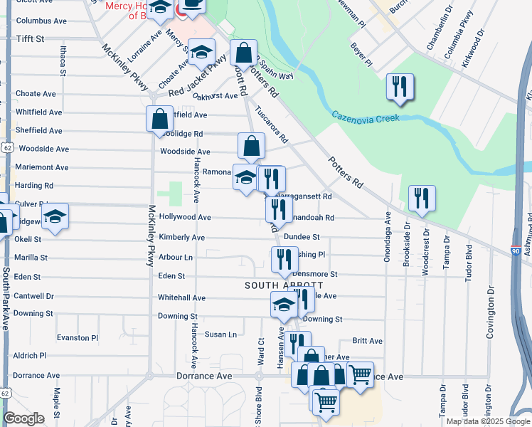 map of restaurants, bars, coffee shops, grocery stores, and more near 172 Kimberly Avenue in Buffalo