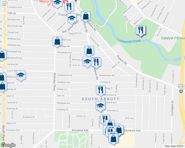 map of restaurants, bars, coffee shops, grocery stores, and more near 172 Kimberly Avenue in Buffalo