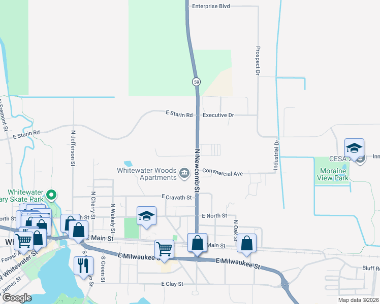 map of restaurants, bars, coffee shops, grocery stores, and more near 404 North Newcomb Street in Whitewater