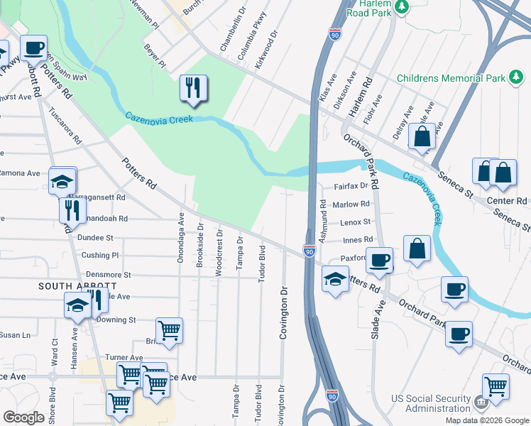 map of restaurants, bars, coffee shops, grocery stores, and more near 82 North Covington Drive in Buffalo