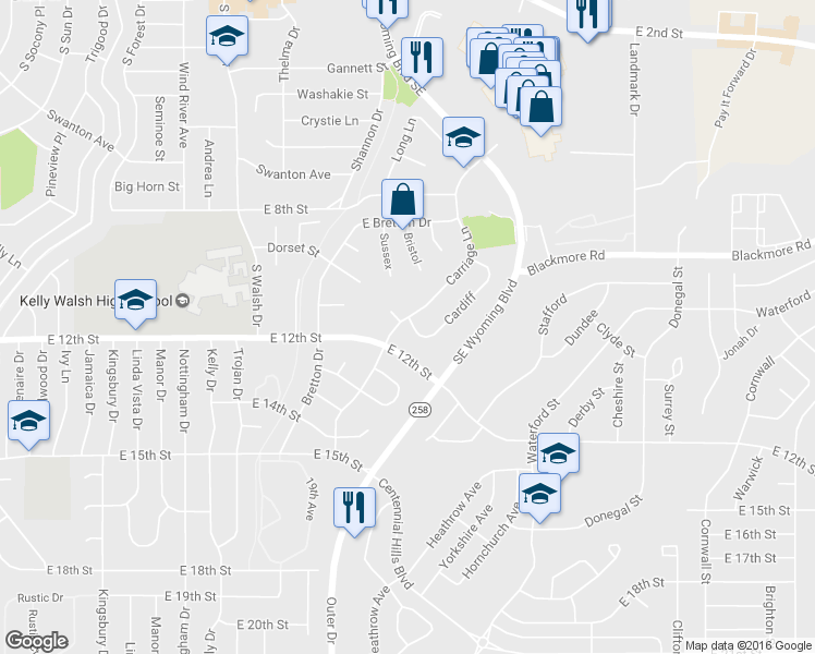 map of restaurants, bars, coffee shops, grocery stores, and more near 1093 Cardiff Circle in Casper