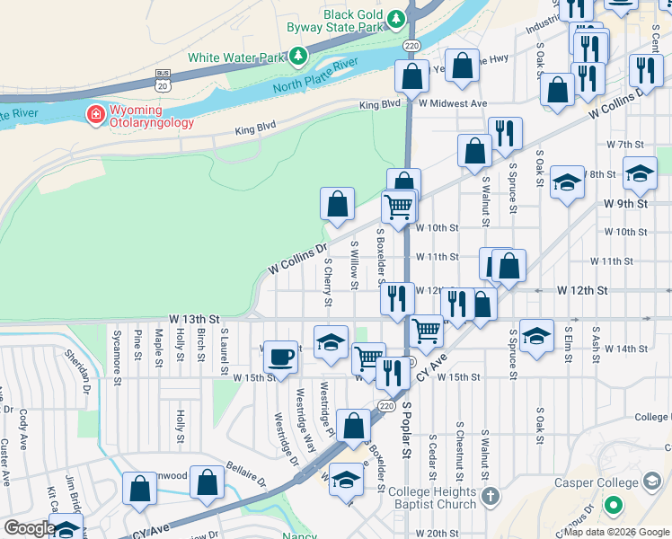 map of restaurants, bars, coffee shops, grocery stores, and more near 1250 West Collins Drive in Casper