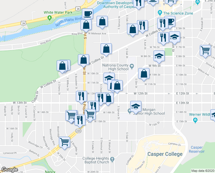 map of restaurants, bars, coffee shops, grocery stores, and more near 1036 South Walnut Street in Casper