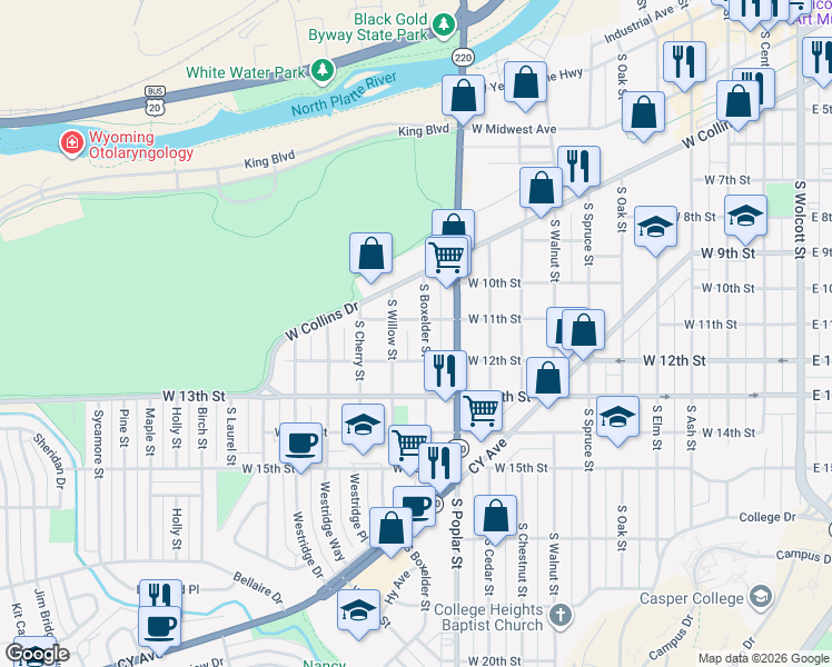 map of restaurants, bars, coffee shops, grocery stores, and more near 1059 South Boxelder Street in Casper