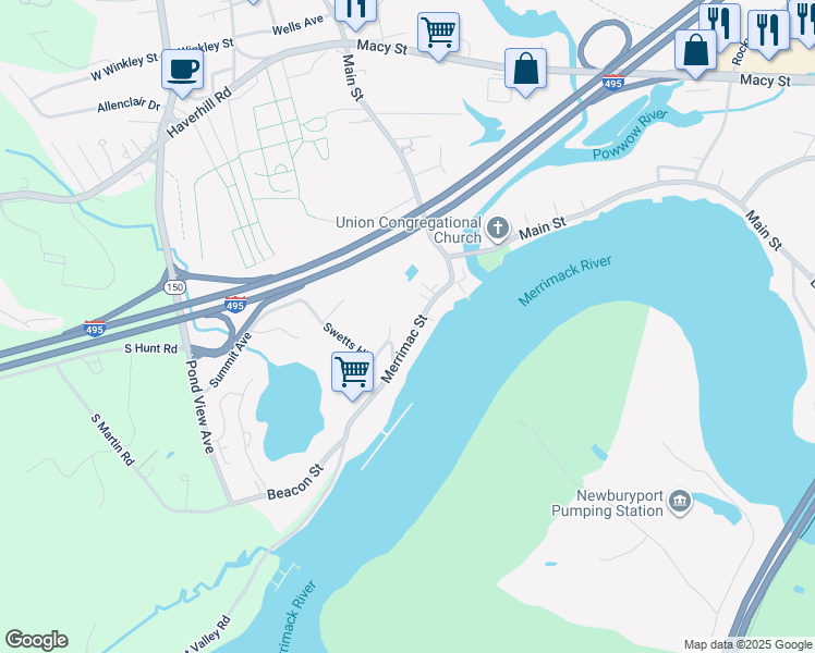 map of restaurants, bars, coffee shops, grocery stores, and more near 25 1/2 Merrimac Street in Amesbury