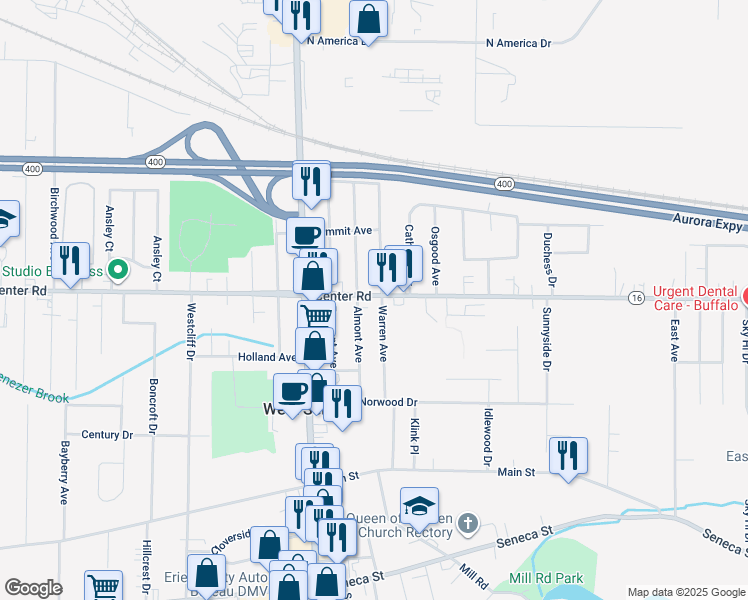 map of restaurants, bars, coffee shops, grocery stores, and more near 143 Almont Avenue in Buffalo