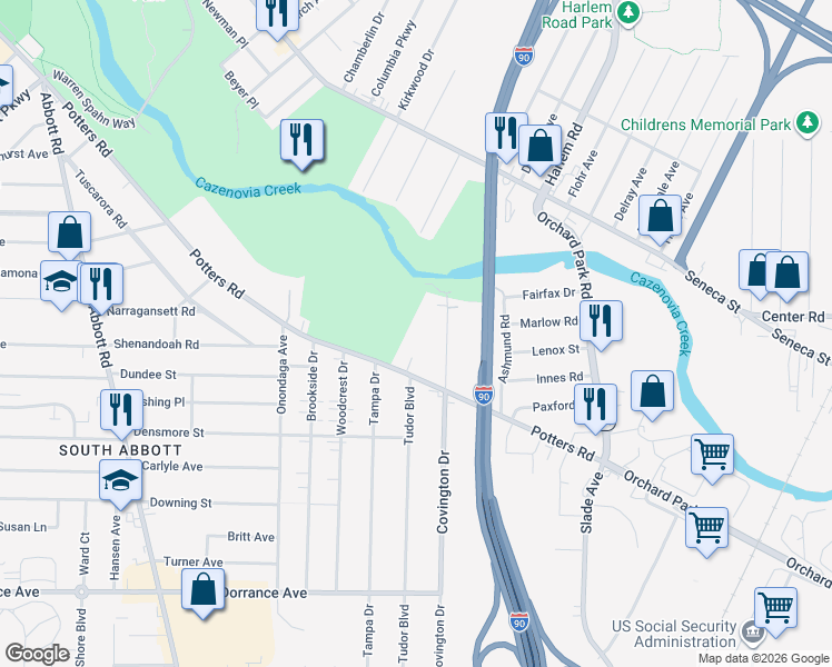map of restaurants, bars, coffee shops, grocery stores, and more near 82 North Covington Drive in Buffalo