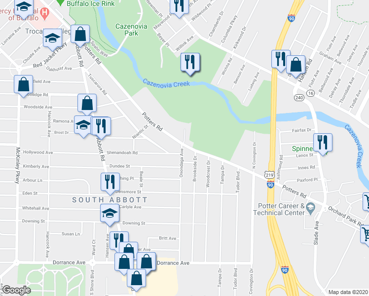 map of restaurants, bars, coffee shops, grocery stores, and more near 336 Potters Road in Buffalo