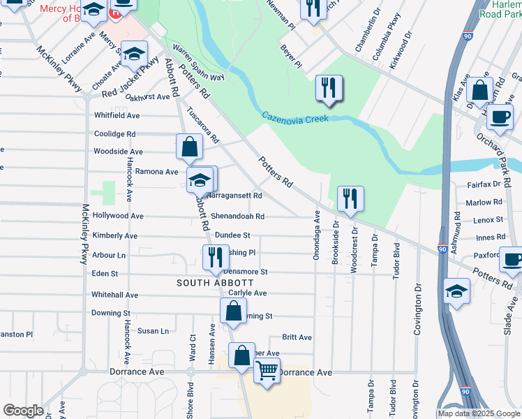 map of restaurants, bars, coffee shops, grocery stores, and more near 216 Tuscarora Road in Buffalo