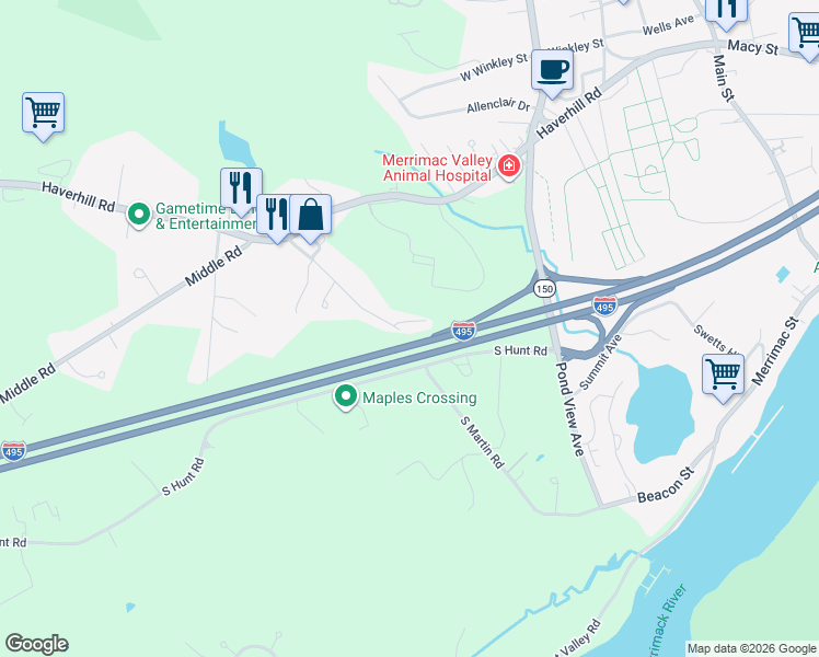 map of restaurants, bars, coffee shops, grocery stores, and more near 25 North Martin Road in Amesbury