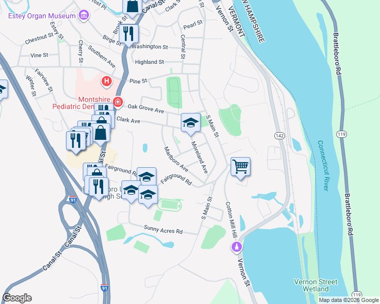 map of restaurants, bars, coffee shops, grocery stores, and more near 50 Home Street in Brattleboro