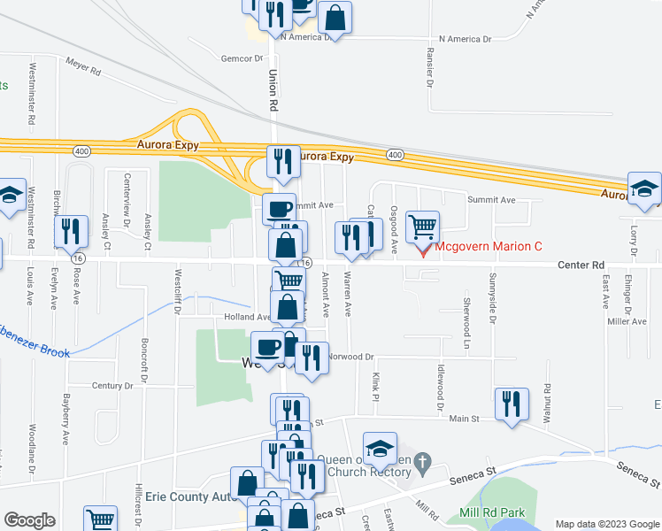 map of restaurants, bars, coffee shops, grocery stores, and more near 825 Center Road in Buffalo