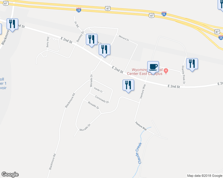 map of restaurants, bars, coffee shops, grocery stores, and more near 6137 Coronado Drive in Casper