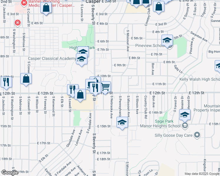 map of restaurants, bars, coffee shops, grocery stores, and more near 1041 South Wisconsin Avenue in Casper