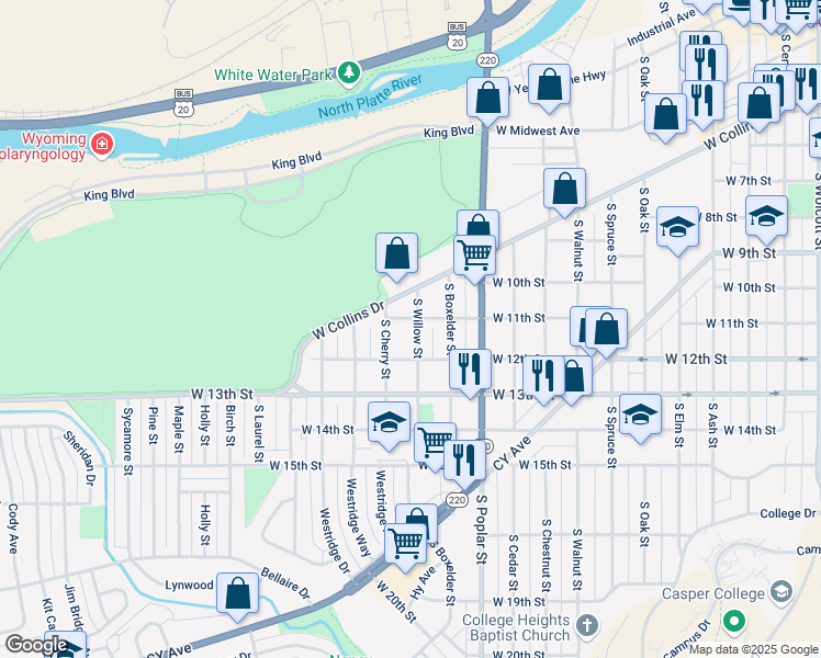 map of restaurants, bars, coffee shops, grocery stores, and more near 1000-1098 S Willow St in Casper