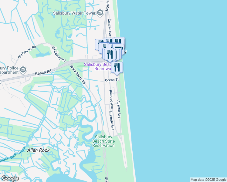 map of restaurants, bars, coffee shops, grocery stores, and more near 11 Atlantic Avenue in Salisbury