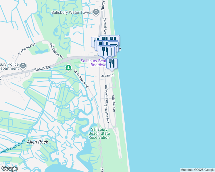 map of restaurants, bars, coffee shops, grocery stores, and more near 11 Atlantic Avenue in Salisbury