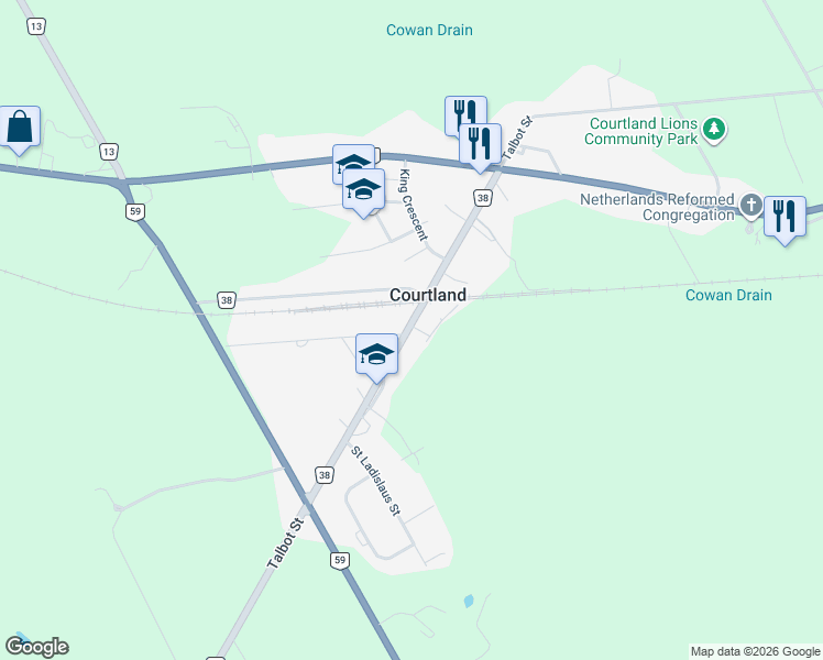 map of restaurants, bars, coffee shops, grocery stores, and more near in Courtland