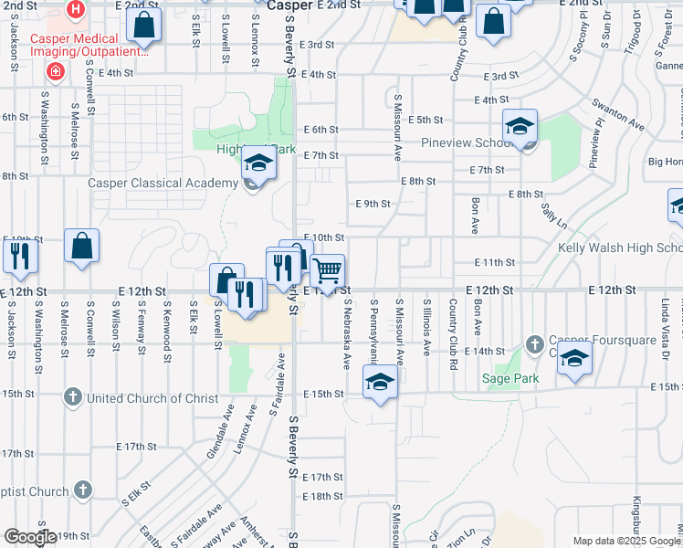 map of restaurants, bars, coffee shops, grocery stores, and more near 1112 South Nebraska Avenue in Casper
