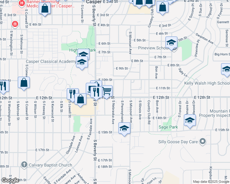 map of restaurants, bars, coffee shops, grocery stores, and more near 1121 South Nebraska Avenue in Casper