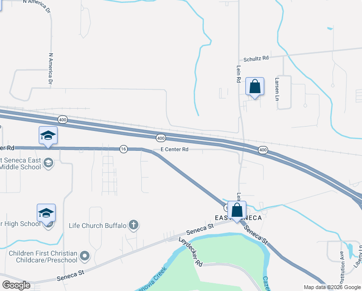 map of restaurants, bars, coffee shops, grocery stores, and more near 68 Center Road in Buffalo