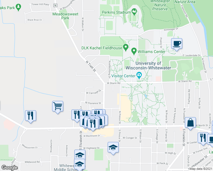 map of restaurants, bars, coffee shops, grocery stores, and more near 293 North Tratt Street in Whitewater