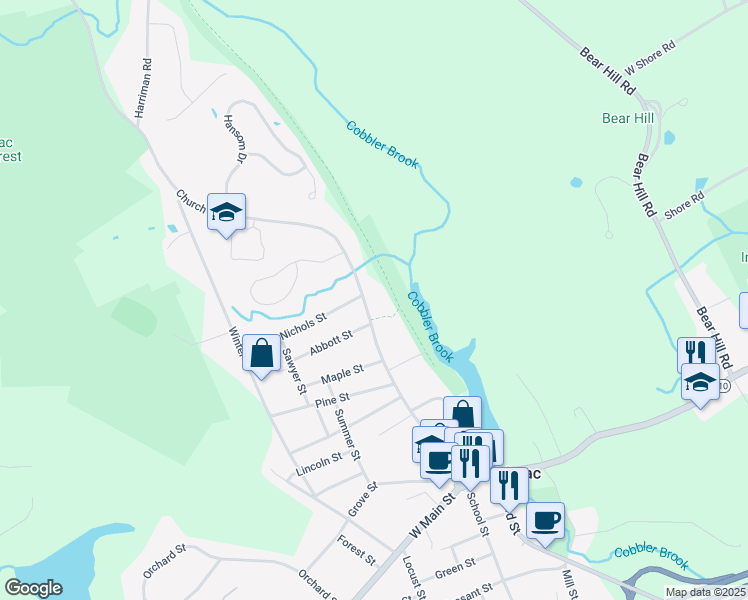 map of restaurants, bars, coffee shops, grocery stores, and more near 65 Church Street in Merrimac