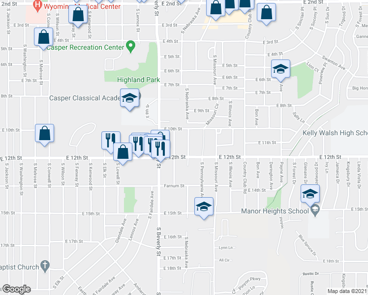 map of restaurants, bars, coffee shops, grocery stores, and more near 1041 South Wisconsin Avenue in Casper