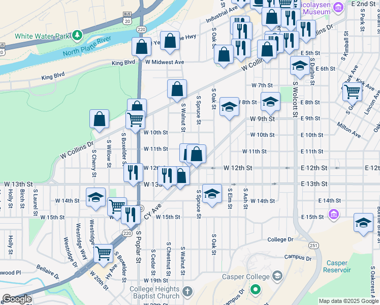 map of restaurants, bars, coffee shops, grocery stores, and more near 1028 South Spruce Street in Casper