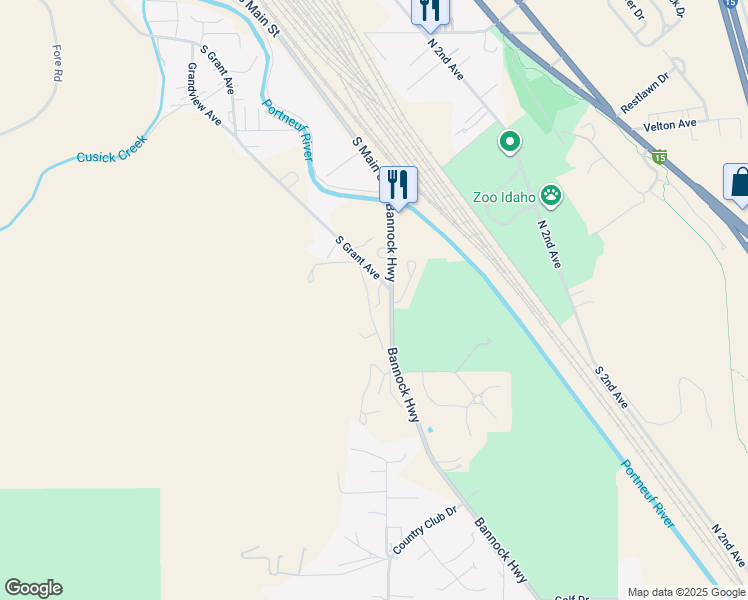 map of restaurants, bars, coffee shops, grocery stores, and more near 2715 South Grant Avenue in Pocatello