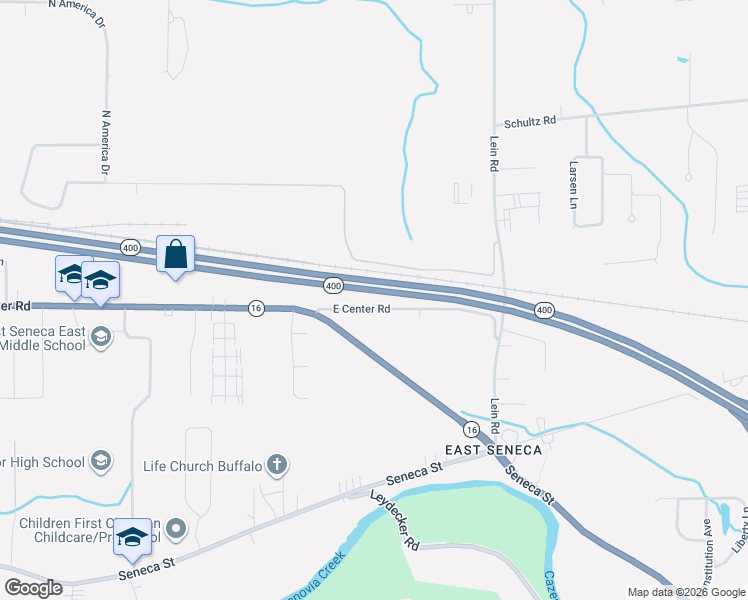 map of restaurants, bars, coffee shops, grocery stores, and more near 68 Center Road in Buffalo