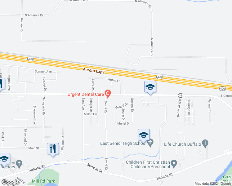 map of restaurants, bars, coffee shops, grocery stores, and more near 149 Robin Lane in Buffalo