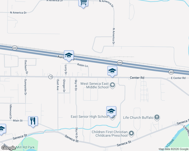 map of restaurants, bars, coffee shops, grocery stores, and more near 1366 Center Road in Buffalo