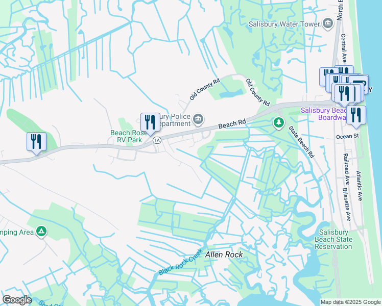 map of restaurants, bars, coffee shops, grocery stores, and more near 170 Beach Road in Salisbury