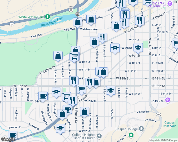 map of restaurants, bars, coffee shops, grocery stores, and more near 1036 South Chestnut Street in Casper