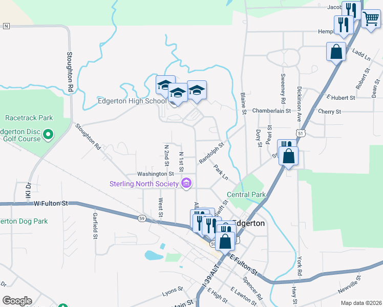 map of restaurants, bars, coffee shops, grocery stores, and more near 407 North 1st Street in Edgerton