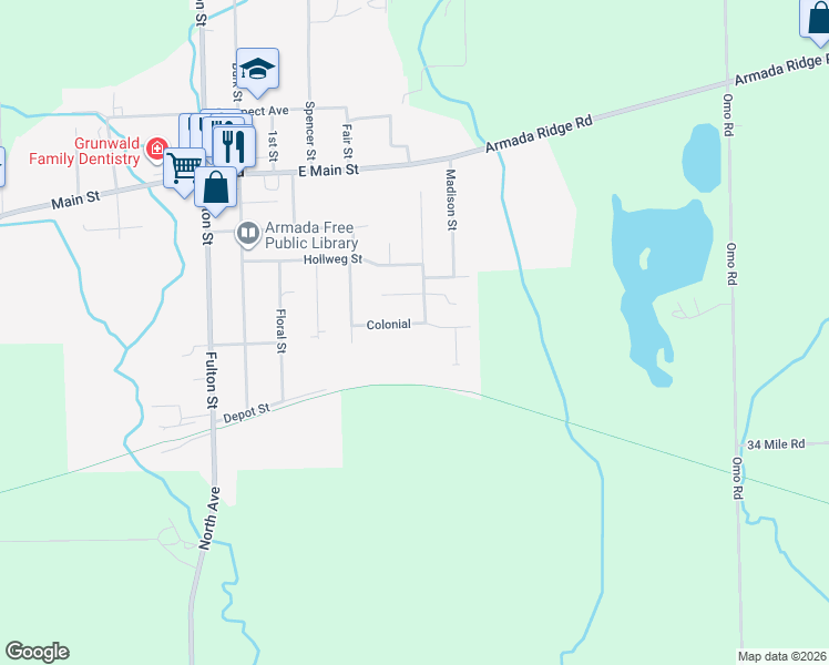 map of restaurants, bars, coffee shops, grocery stores, and more near 23771 Colonial in Armada