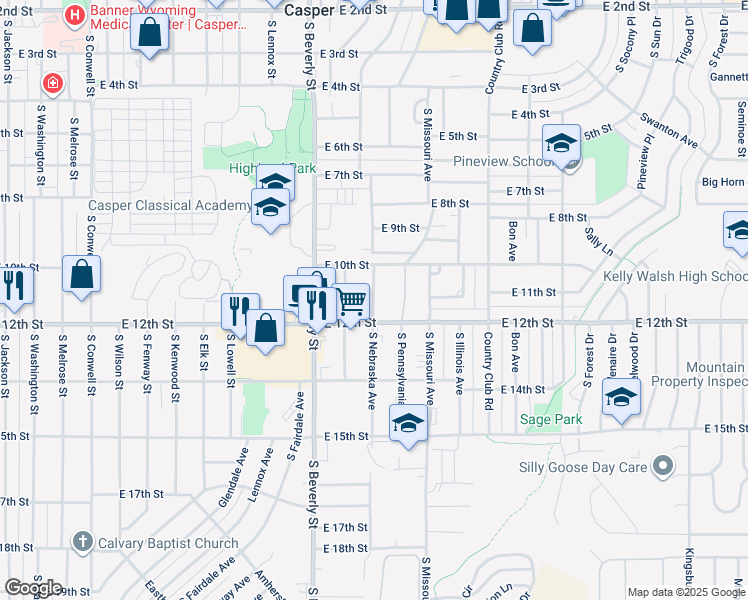 map of restaurants, bars, coffee shops, grocery stores, and more near 1041 South Wisconsin Avenue in Casper