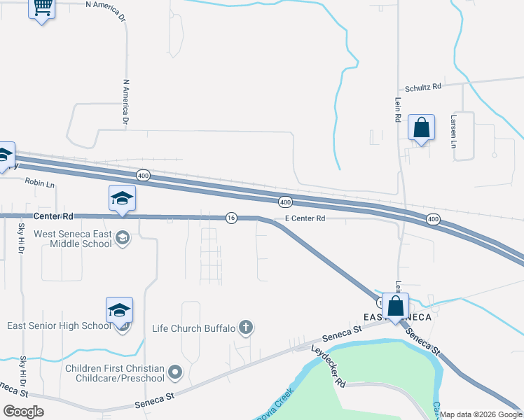 map of restaurants, bars, coffee shops, grocery stores, and more near 1686 Center Road in Buffalo