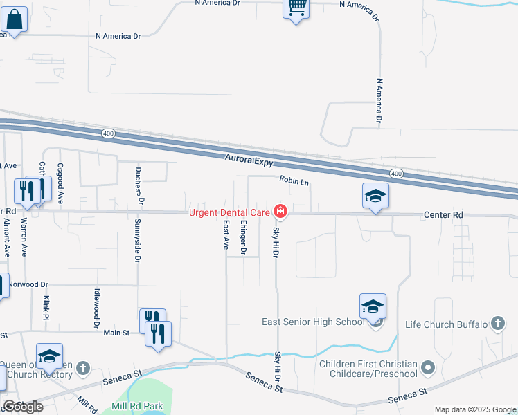 map of restaurants, bars, coffee shops, grocery stores, and more near 21 Lorry Drive in West Seneca