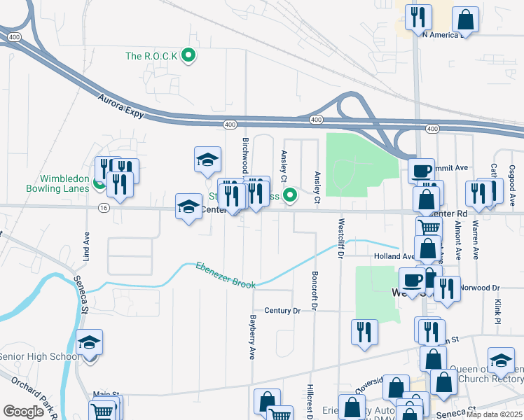 map of restaurants, bars, coffee shops, grocery stores, and more near 510 Center Road in Buffalo