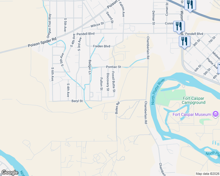 map of restaurants, bars, coffee shops, grocery stores, and more near 860 Discovery Street in Mills