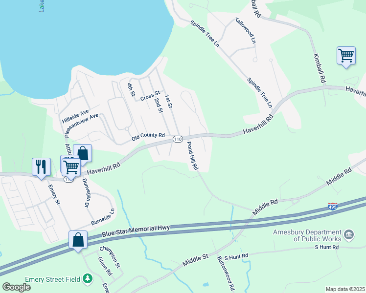 map of restaurants, bars, coffee shops, grocery stores, and more near 148 Massachusetts 110 in Amesbury