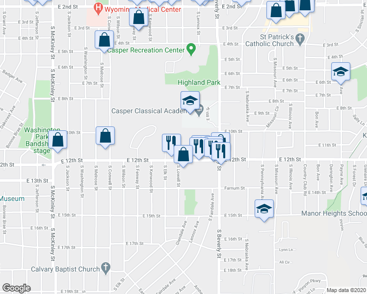 map of restaurants, bars, coffee shops, grocery stores, and more near 1930 East 12th Street in Casper